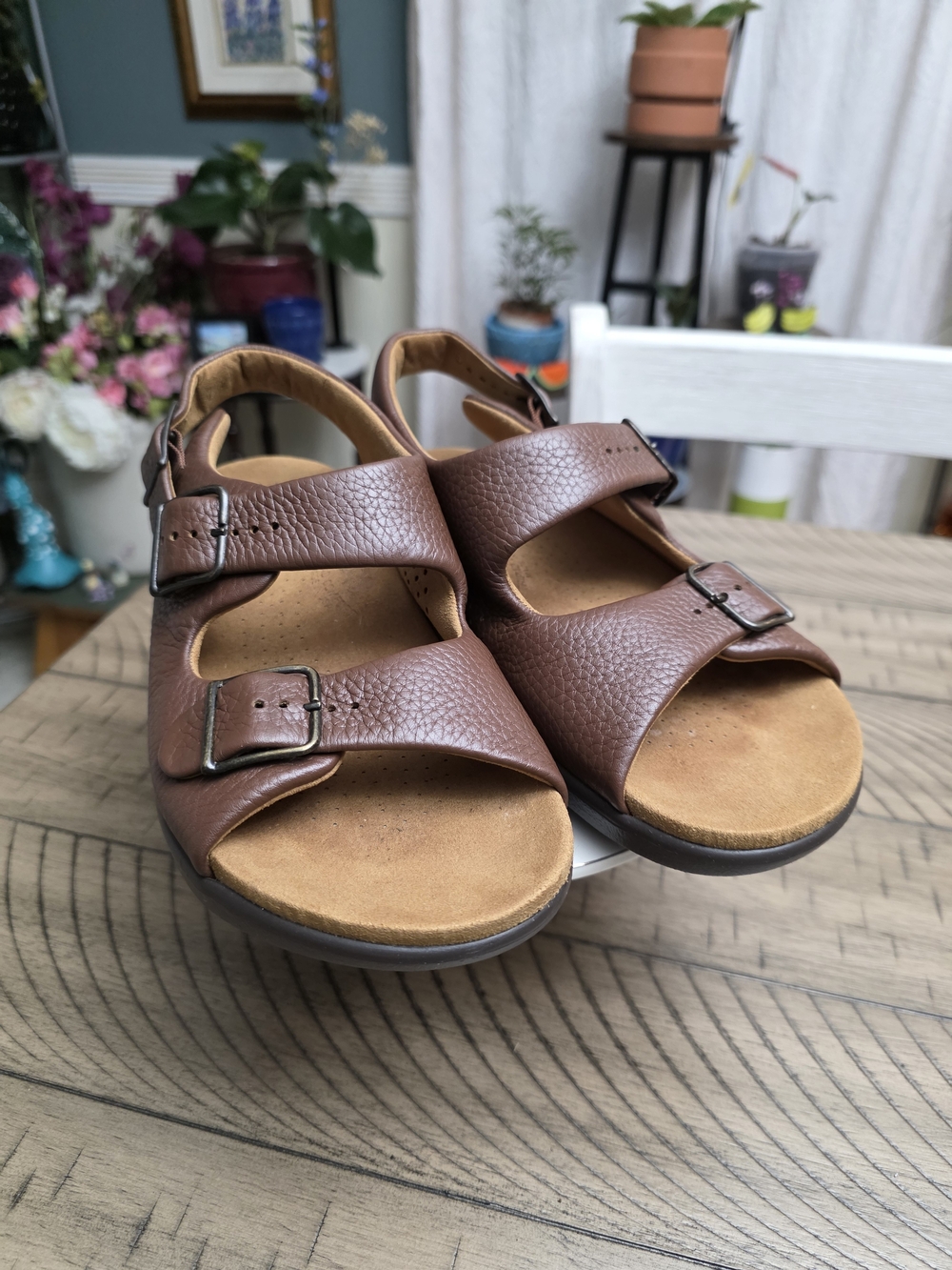 SAS Brown Leather Double-Buckle Comfort Sandals